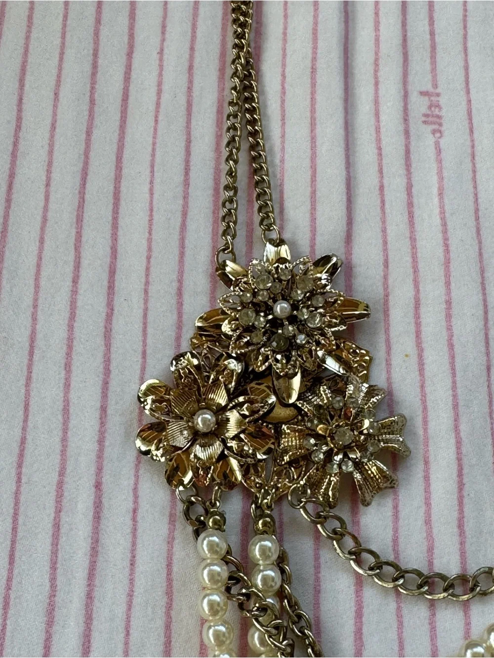 Gold-Tone Multi-Strand Pearl & Chain Necklace with Floral Accent, GUC